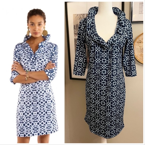 GRETCHEN SCOTT BLUES JERSEY RUFFNECK DRESS - Picture 1 of 11